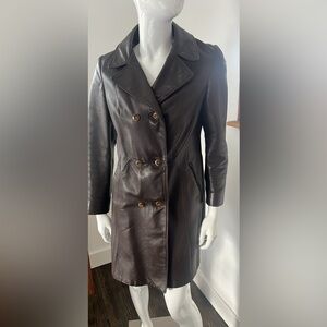 Vintage Women's Double-Breasted Chocolate Brown Leather Coat